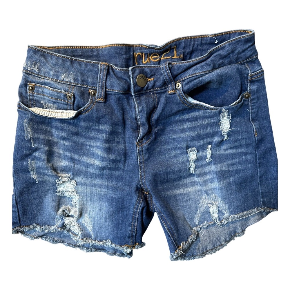 Rue21 Womens Distressed Denim Shorts Medium Wash Blue Low Rise Cut Offs Size 5/6